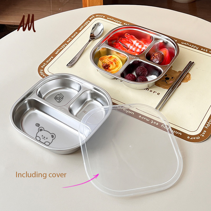 Matte finish 304 Stainless Steel 3-Compartment Feeding Plate with Lid