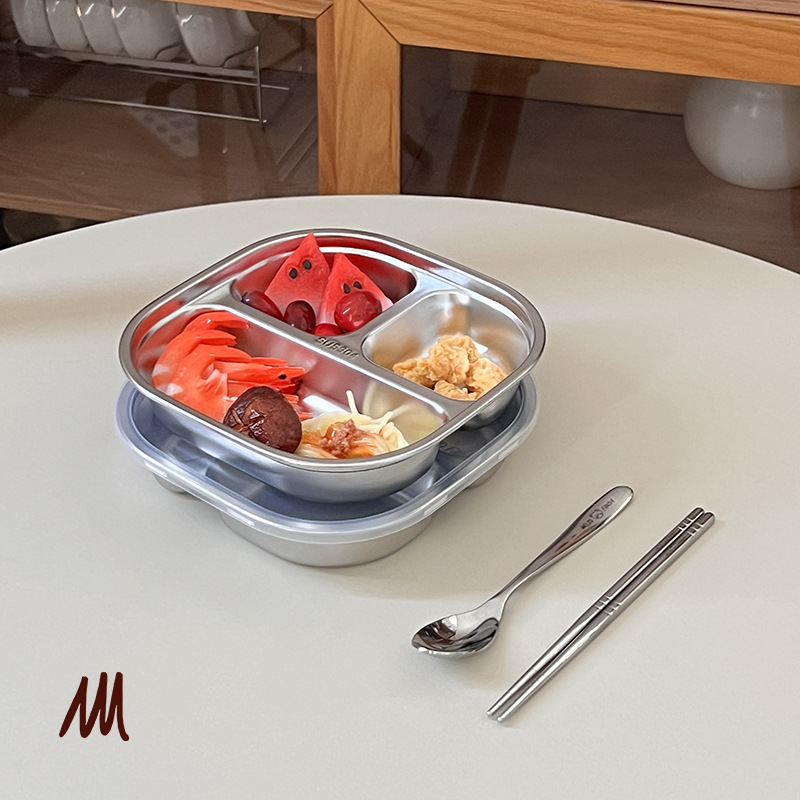 Matte finish 304 Stainless Steel 3-Compartment Feeding Plate with Lid