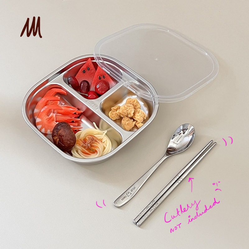 Matte finish 304 Stainless Steel 3-Compartment Feeding Plate with Lid